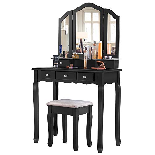 EPHEX Schminktisch mit 3 Spiegeln und 5 Schubladen und einem Hocker, Make-up Tisch Luxuriös Schminktisch mit Kippsicherung, Vanity Table, 140 x 80 x 40 cm (Schwarz)