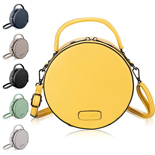CASAdiNOVA runde Handtasche Damen - veganes Leder, kleine Umhängetasche Damen, Schultertasche - Frauen-Hand-Tasche Gelb