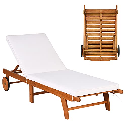 GOPLUS Sonnenliege aus Eukalyptusholz, Gartenliege mit Polster-Auflagen, Verstellbare Liege, Belastbar bis 160 kg, Stuhlsessel für Schwimmbad, Terrasse oder Garten, Liegestuhl mit 2 Rädern