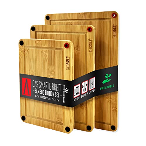 REDSALT® innovatives Bio Bambus Holz Schneidebrett 3er Set rutschfest | 38x26 32x22 26x18cm Holzbretter beidseitig verwendbar antibakteriell tiefe Saftrille | FSC zertifizierte premium Schneidbretter