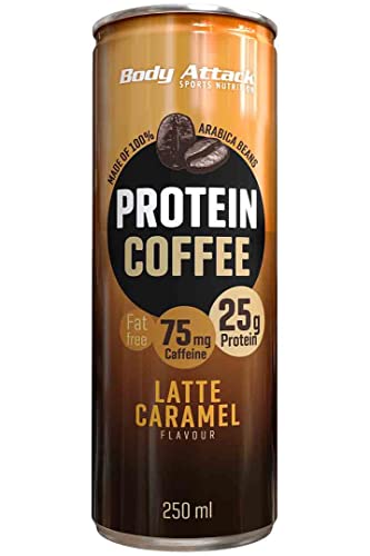 Body Attack Protein Coffee, 12 x 250ml, Latte Caramel, Eiskaffee mit Koffein, Arabica-Kaffeegetränk, erfrischendes Milchmischgetränk fettarm mit 25g Eiweiß, inkl Pfand