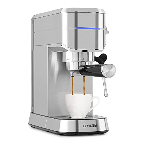 Klarstein Futura Espressomaschine, Siebträgermaschine mit 1450 Watt, 20 bar, Barista-Qualität, Zweifach Ausguss, Fließstopp, Siebträger Kaffeemaschine, Milchaufschäum-Funktion, silber