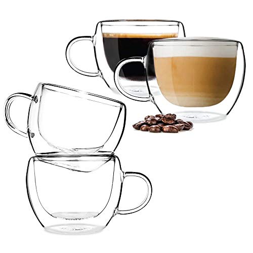 BOQO Glas-Kaffeetassen, doppelwandig, isolierte Trinkgläser mit Griff, perfekt für Latte, Cappuccino, Teebeutel, Getränke-Set, 4 Tassen (120 ml Wassergläser)