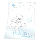 Babydecke mit Namen personalisiert - Motiv Lieblingsmensch hellblau - Besticktes Geschenk für Mädchen und Junge