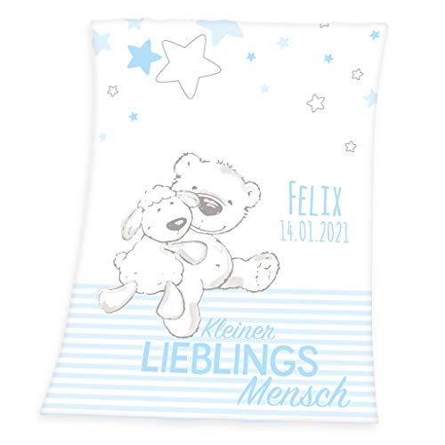 Babydecke mit Namen personalisiert - Motiv Lieblingsmensch hellblau - Besticktes Geschenk für Mädchen und Junge