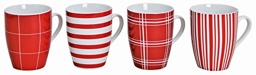 Modernes Porzellan Kaffeetassen 4er Set I 10cm hoch - Ø 8cm - 300ml I Große Kaffee Tasse in rot / weiß gestreift & kariert