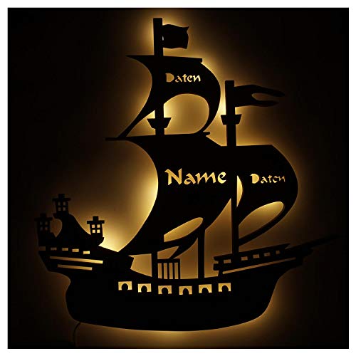 Piratenschiff Nachtlicht Holz Lampe Piratenschiff mit Name und Geburtsdaten Geschenke für Junge Mädchen Mann Männer Kinderzimmer zur Geburtstag Geburt Taufe