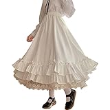 Zweiteiliger Damenrock, hohe Taille, japanischer Stil, süßer Lolita-Rüschensaum, niedlicher langer Röcke, Weiss/opulenter Garten, Einheitsgröße