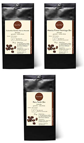3 x Bio Kaffee Geschenk-Set Probierset - Colombia Excelso Sierra Nevada, Mexico Finka Flamingo, Peru Tunki - Bio Röstkaffee Pantagenkaffee - 100 % Arabica - gemahlen - 3 x 75 g (225 g insgesamt)