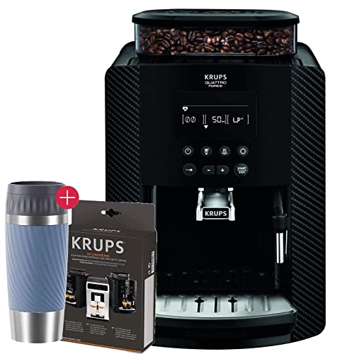 Krups Arabica Kaffeevollautomat mit Milchschaumdüse 1450W, 15 Bar + Reinigungs- Pflegeset + Travel Mug Thermobecher 360ml, Cappuccino & Espresso auf K, Schwarz