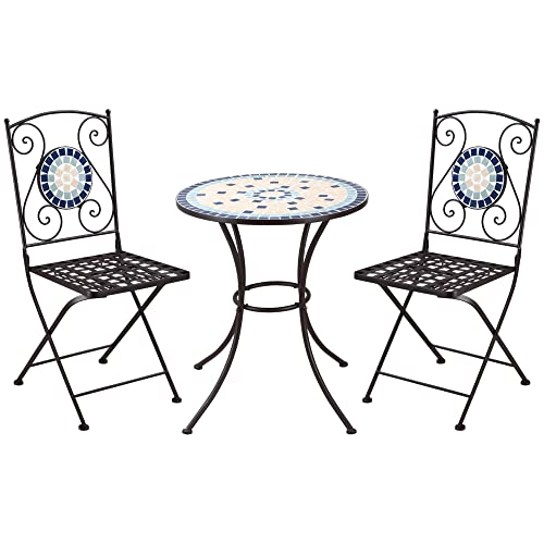 Outsunny 3tlg. Garten-Bistroset, Gartenmöbel Set, inkl. 1 Tisch, 2 klappbaren Stühlen mit Mosaiksteinen, Balkon-Set für Terrasse, Metall, Blau+Grün+Gelb