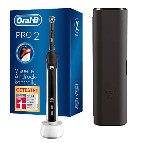 Oral-B Pro 2 2500 Elektrische Zahnbürste, wiederaufladbar, mit 1 Drucksensorgriff, 1 Bürstenkopf und 1 Reiseetui, schwarz, entfernt bis zu 100% Plaque, Geschenkidee