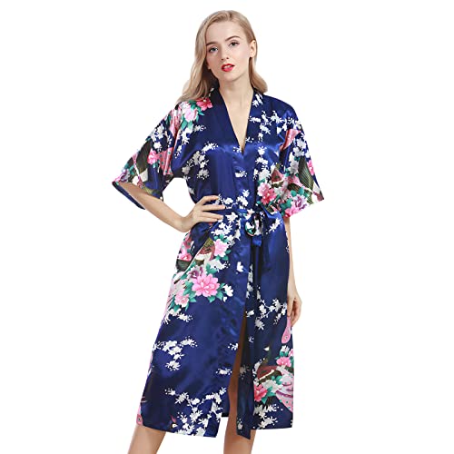 OLESILK Damen Lang Morgenmantel Satin Kimono Kurzarm Robe Bademantel mit Gürtel V-Ausschnitt Nachtwäsche Negligee mit Pfau und Blumen Muster, Marineblau