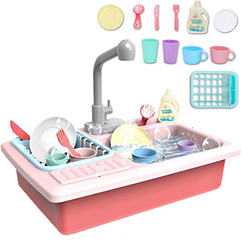 deAO Kinderspielset Pretend Kitchen Sink mit simuliertem Wasserhahn und enthaltenem Küchenzubehör - Rot