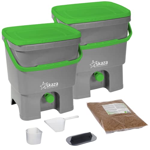 Skaza - Mind Your eco Bokashi Organico Dual System 2 x 3,5 Gallonen Eimer mit aktiver Kleie und Zubehör - Nachhaltiger und innovativer Bio-Abfalleimer - Komposter-Set (grau/Limette)