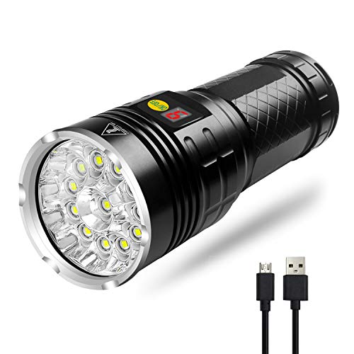 12 LEDs Taschenlampe, Typ C wiederaufladbare, helle Taschenlampe 10000 Lumen mit Batterieleistungsanzeige für Outdoor/Indoor