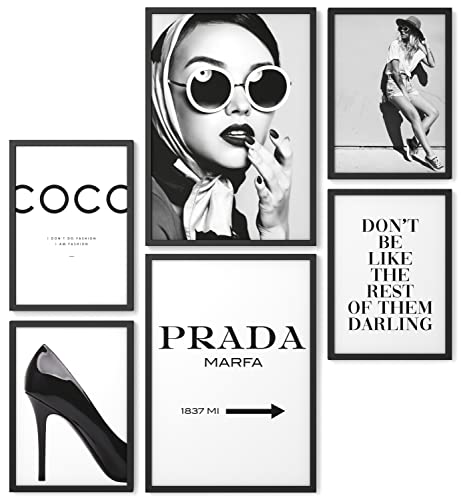 Papierschmiede® Mood Poster Set Coco Schwarz-Weiß, Bilder Wohnzimmer Deko Schlafzimmer, 2x DIN A4 und 4x DIN A5, Glamour Lifestyle Mode - ohne Rahmen