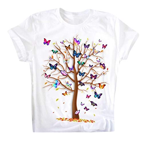 Damen T-Shirt Sommer Casual Tops O-Ansatz Schmetterlingsbaum Print Weißes T-Shirt für Damen