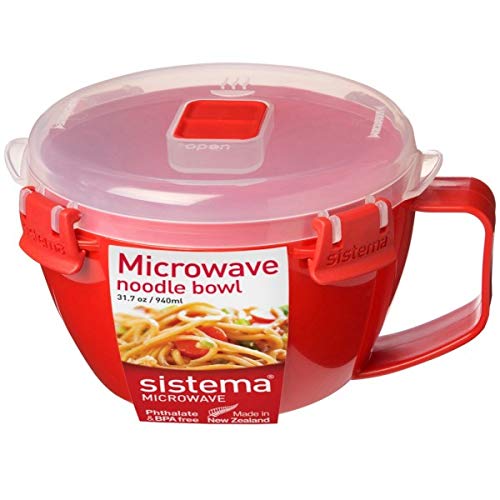 Sistema 2 Stück Mikrowellen Nudelschüssel, BPA-frei spülmaschinenfest, 940ml - Rot/Klar