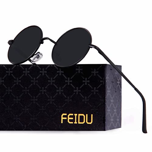 FEIDU Retro Vintage Runde sonnenbrille herren - Polarisiert mit rundem Metallrahmen,sonnenbrille damen FD 3013 (Schwarz-Schwarz, 1.81)
