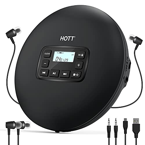 HOTT CD204 Tragbarer CD-Player für Reisen zu Hause und mit dem Auto mit Stereo-Kopfhörern und Anti-Shock-Schutz (schwarz)