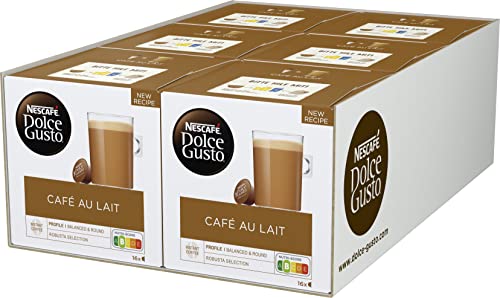 NESCAFÉ Dolce Gusto Café au Lait 96 Kaffeekapseln (ausgewählte Robusta Bohnen, Leichter Kaffeegenuss mit cremigem Milchschaum, Aromaversiegelte Kapseln) 6er Pack (6 x 16 Kapseln)