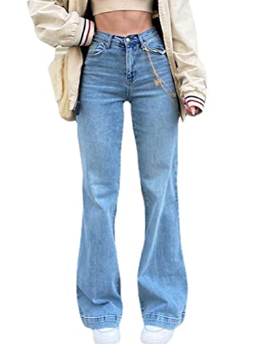 Minetom Damen Patchwork Jeans High Waist Stretch Cutoffs Distressed Straight Leg Denim Jeans Hose 70er Vintage E-Girl Style Y2K Schlagjeans Hose L Blau S