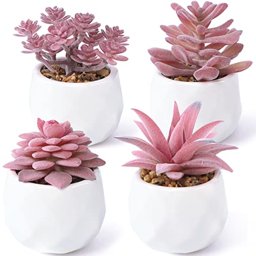 ALAGIRLS Künstliche Sukkulenten Pflanzen mit Topf, 4 Stück Klein Mini Kunstpflanzen für Wohnzimmer Badezimmer Balkon Büro Tischdeko,Rosa