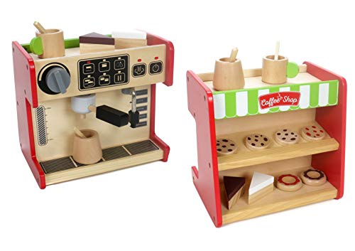 Marionette Wooden Toys Holz Kaufladen und Kaffeemaschine, Kaffeevollautomat mit Drehschalter, Torten, Kuchen, Becher und Kanne mit Rührstab