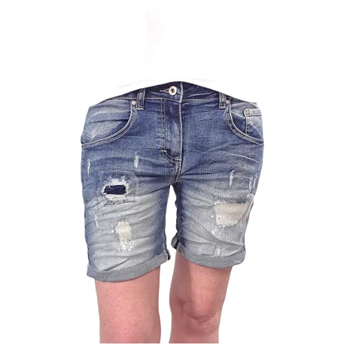Place du Jour Jeans Shorts| Kurze Denim Hose mit Pailletten und Flicken| Vintage Used Waschung S Denim