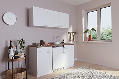 respekta Single Mini Küche Küchenzeile Küchenblock 150 cm weiß weiß Ceran mit APL Butcher Nussbaum KB 150 WWC