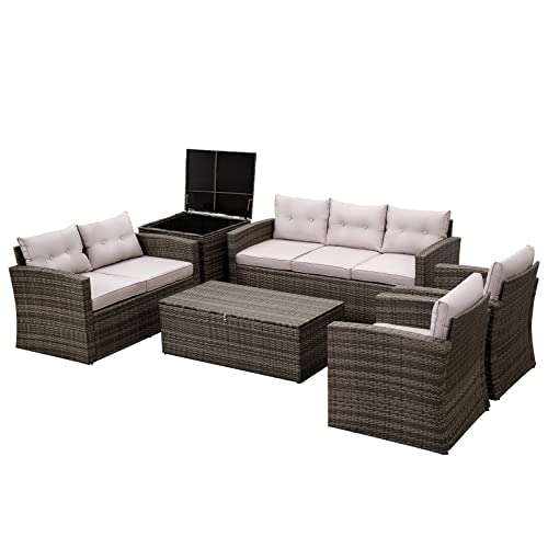 MeXo Gartenmöbel Set für 6-8 Personen, Polyrattan Lounge Sitzgruppe mit Sofa, Kissen, Tisch Aufbewahrungskoffer, Sessel für Garten, Balkon, Terrasse Wetterfest Set
