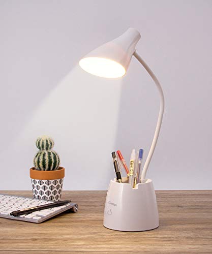 Schreibtischlampe, Augenschutz Schreibtischlampe LED mit 3 Lichtmodi und Dimmbar, Schreibtischlampe Kinder mit Stifthalter und Handy Ständer, Wiederaufladbare Flexibe Schreibtischlampe, Weiß