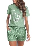 Uniexcosm Schlafanzug Damen Kurz Baumwolle Zweiteiliger Pyjama Set Kurzarm Nachtwäsche Wimperndruck Sleepwear Hausanzug Loungewear Stil 1:Grün-1 S
