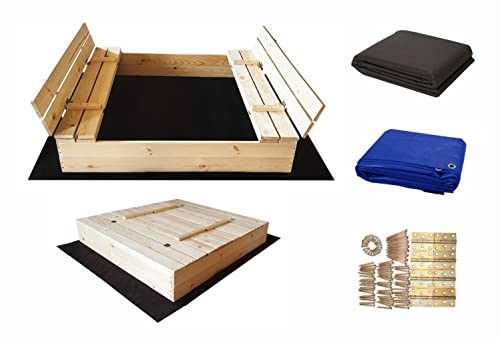 Sandkasten 140x140 cm Premium Sandbox mit Abdeckung Sitzbänken Deckel Plane Sandkiste Holz Sandkastenvlies 150x150