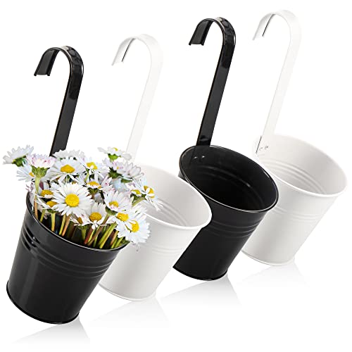 com-four® 4X Blumentopf zum Hängen für Balkon - Hängetopf für Pflanzen und Kräuter - Pflanzenübertopf mit Haken für Garten (Metalltopf - schwarz-weiß)