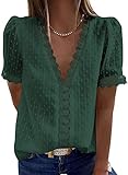 Dokotoo Damen Bluse Grün Boho Spitzen T-Shirt Tops Elegant Frühling Sommer V-Ausschnitt Oberteile Tunika X-Large