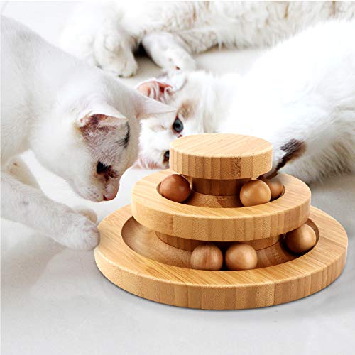 WIMAHA Interaktives Katzenspielzeug aus zweilagig drehbar Smart Track Ball Schaukelrolle für Katzen (Bambus)