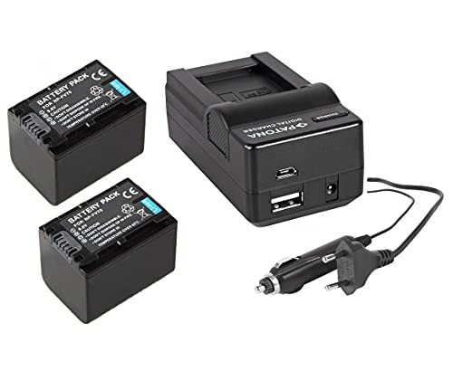 3in1-SET für den Sony FDR AX53 Ultra HD Camcorder - 2 Akkus für Sony NP-FV70 + 4in1 Ladegerät (für USB, microUSB, 220V und Auto) inkl. PATONA Displaypad
