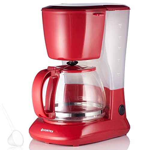 VORTEX Filterkaffeemaschine mit 1.25L Glaskanne VO4012RD - Kaffeemaschine Rot für bis zu 12 Tassen - Kaffeefiltermaschine mit Warmhalteplatte - Tropf-Stopp Filter Coffee Machine - 750 Watt, Red