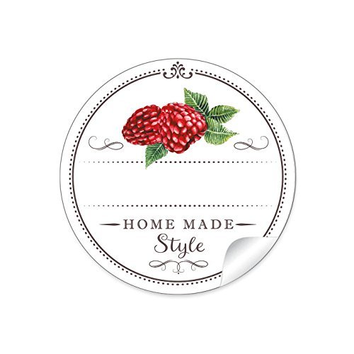 24 STICKER: 24 Schöne Marmeladenetiketten für die Küche in weiß mit Himbeeren:'Home Made Style' mit Freitextfeld für selbstgemachte Marmelade, Glasflaschen und Marmeladegläser • 4 cm, rund, matt