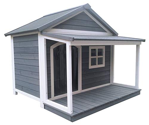 SunnyDogs Hundehütte aus Massivholz | wetterfeste Hundehütten mit Satteldach | isoliertes Hundehaus | Outdoor Hütte mit Vordach, Terrasse & Fenster | B 130 x T 118 x H 108 cm