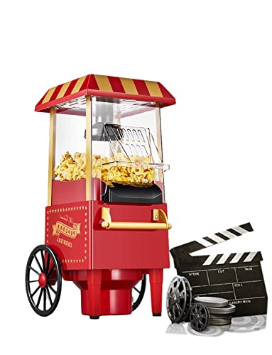 Popcornmaschine Retro, Elektrische für Zuhause Heißluft Popcorn Maschine im Theaterstil, Ein-Knopf-Bedienung, 99% Popcorn-Rate, Gesund & BPA-Frei, Leicht zu Reinigen, Geeignet für Weihnachten