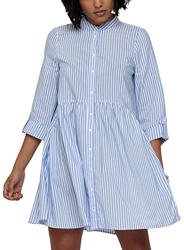 ONLY Damen Hemd Blusenkleid | Lockeres Gestreiftes 3/4 Arm Tunika Dress | Rundhals Knopfleiste ONLDITTE, Farben:Blau, Größe:38