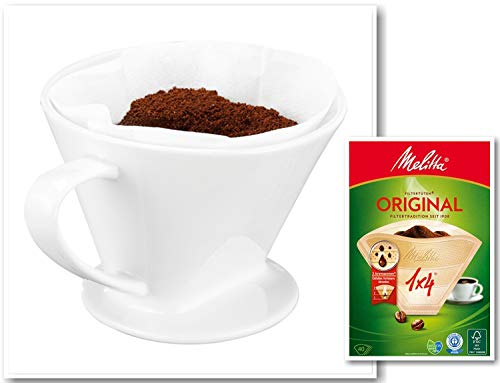 One and Go Feelino GR.4 Porzellan Permanent Kaffee Filteraufsatz inkl. 40 St. Melitta 1x4 Kaffeefilter, Filter Handfilter Kaffeefilter Dauerfilter für 2-4 Tassen, Weiß