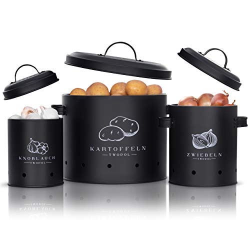 TWOPOL® Kartoffel Aufbewahrungsbox [3er Set]-mit 360°Luftzirkulation hält Gemüse länger frisch-der ideale Weg für Zwiebel Aufbewahrung und Knoblauch (Schwarz)