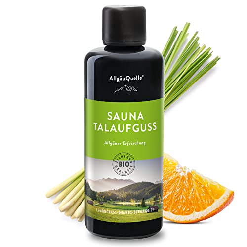 AllgäuQuelle® Saunaaufguss mit 100% BIO-Öle Erfrischung Lemongrass Orange Bergamotte (100ml). Natürlicher Sauna-aufguss m. ätherische Sauna-Öle im Aufguss-Mittel. Saunaöl naturrein und biologisch.