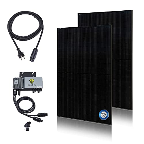 NuaSol Balkonkraftwerk 830W Solarmodul (2x415W) | 600W Wechselrichter | All Black Photovoltaik Solaranlage Steckfertig WIFI Smart | Plug & Play