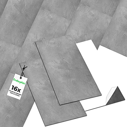 ENDORPHIN® PVC Bodenbelag in Hellgrau | Vinylboden mit Betoneffekt | Selbstklebend | aus recyceltem Material | | 60,96 x 30,48 x 0,2cm | 16 Stück für circa 2,97qm | Klebefliesen