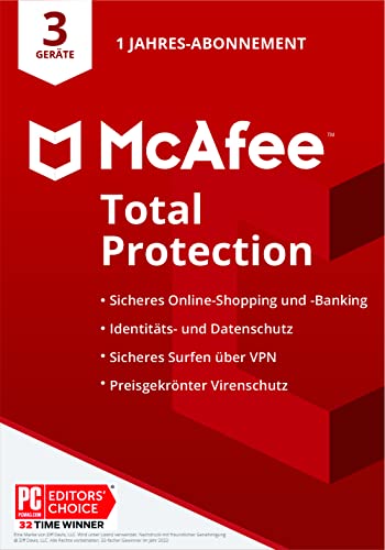 McAfee Total Protection 2022| 3 Geräte | 1 Jahr | Virenschutz, Web-Schutz, Kennwort-Manager, VPN, Identitätsschutz | PC/Mac/Android/iOS | Edition für Europa | Per Post (Verpackung kann variieren)